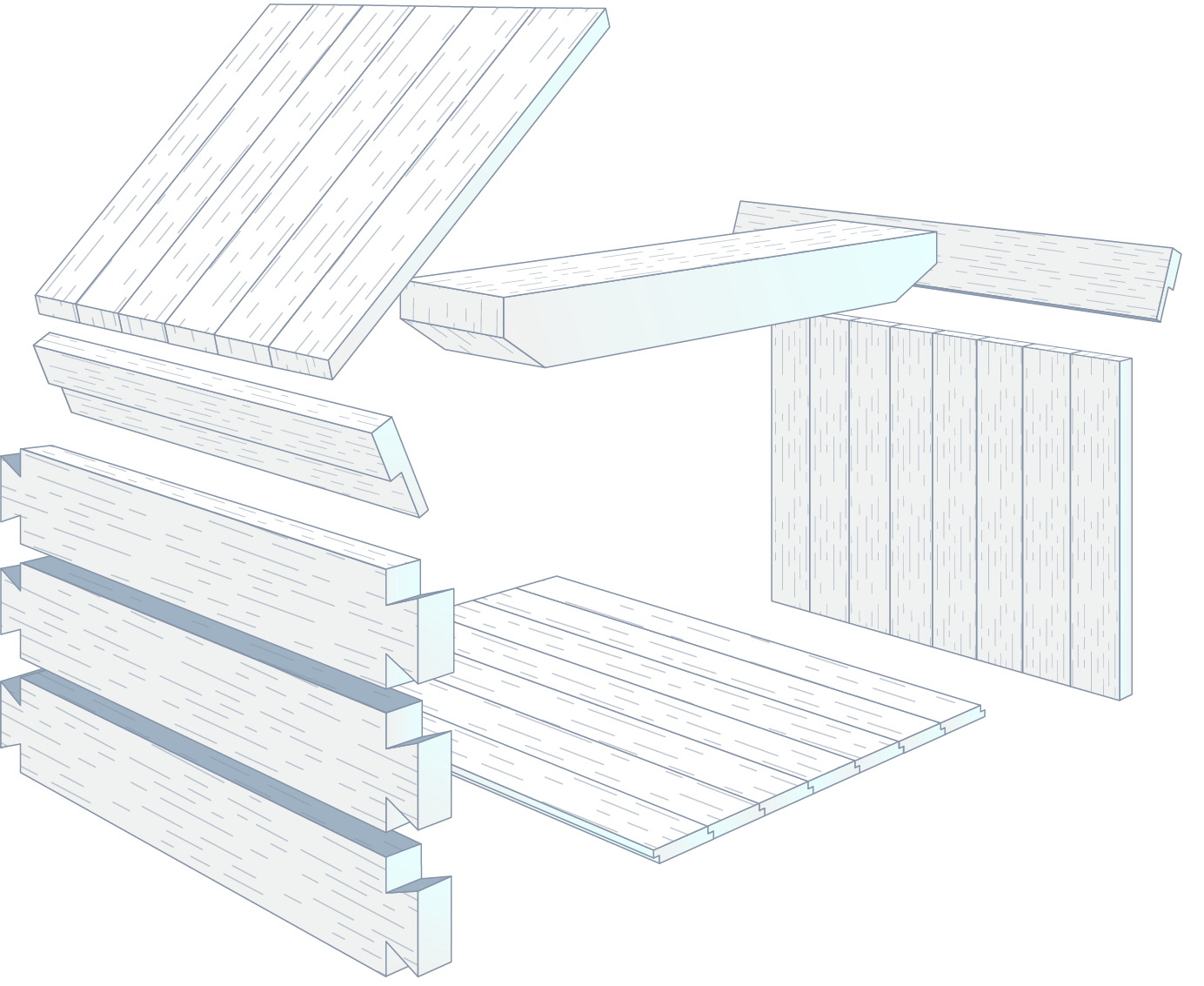 Timbers, paneling, trim, flooring, fascia, and siding